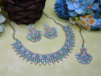 Green rhodium premium designer american diamond and stone work necklace set 2