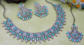 Green rhodium premium designer american diamond and stone work necklace set 3