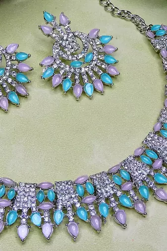 Green rhodium premium designer american diamond and stone work necklace set