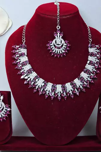 Purple rhodium premium designer american diamond and stone work necklace set