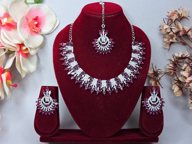 Purple rhodium premium designer american diamond and stone work necklace set