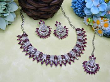 Purple rhodium premium designer american diamond and stone work necklace set 2