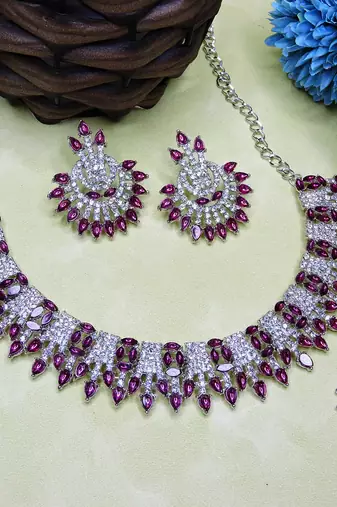 Purple rhodium premium designer american diamond and stone work necklace set