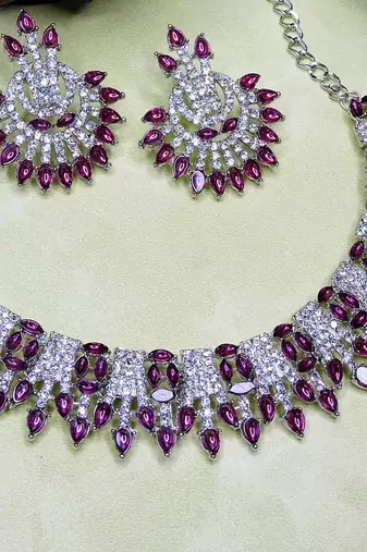 Purple rhodium premium designer american diamond and stone work necklace set