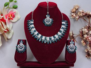 Blue rhodium premium designer american diamond and stone work necklace set 1