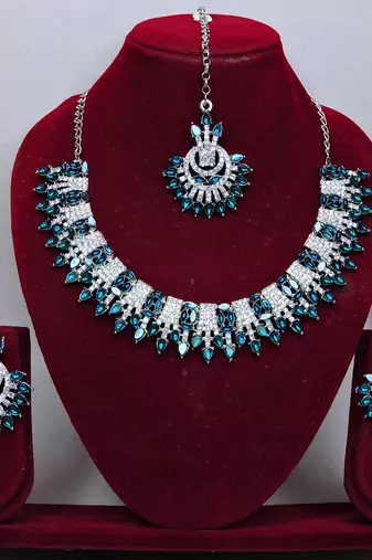 Blue rhodium premium designer american diamond and stone work necklace set