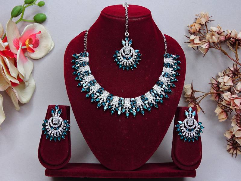 Blue rhodium premium designer american diamond and stone work necklace set
