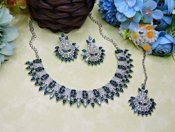 Blue rhodium premium designer american diamond and stone work necklace set 2