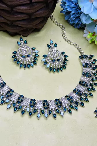 Blue rhodium premium designer american diamond and stone work necklace set
