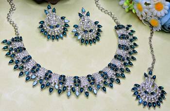 Blue rhodium premium designer american diamond and stone work necklace set 3