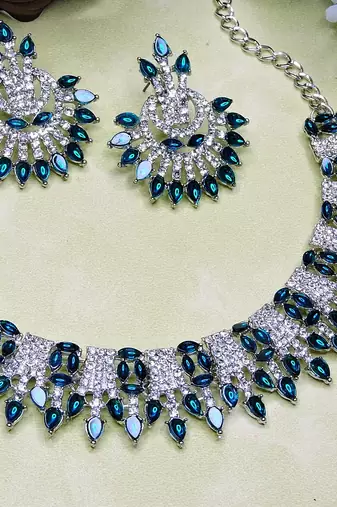 Blue rhodium premium designer american diamond and stone work necklace set