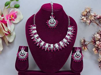 Pink rhodium premium designer american diamond and stone work necklace set 1