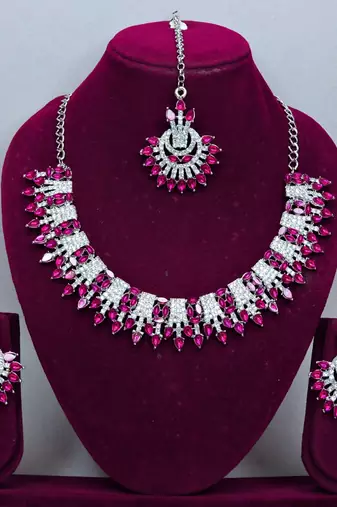 Pink rhodium premium designer american diamond and stone work necklace set