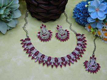 Pink rhodium premium designer american diamond and stone work necklace set 2
