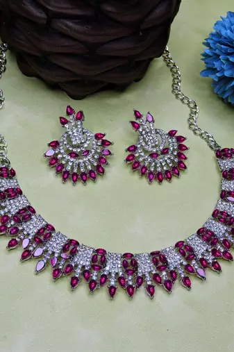 Pink rhodium premium designer american diamond and stone work necklace set