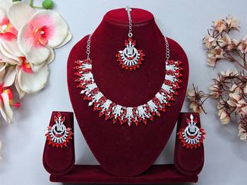 Red rhodium premium designer american diamond and stone work necklace set 1