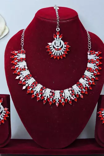 Red rhodium premium designer american diamond and stone work necklace set