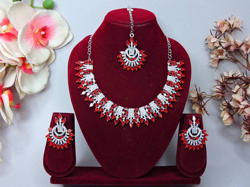 Red rhodium premium designer american diamond and stone work necklace set