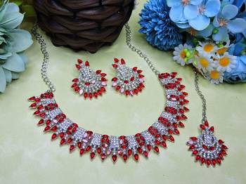 Red rhodium premium designer american diamond and stone work necklace set 2