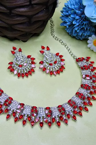 Red rhodium premium designer american diamond and stone work necklace set