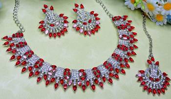 Red rhodium premium designer american diamond and stone work necklace set 3