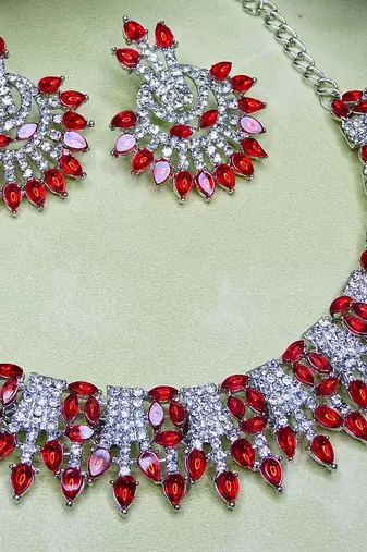 Red rhodium premium designer american diamond and stone work necklace set