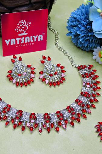 Red rhodium premium designer american diamond and stone work necklace set