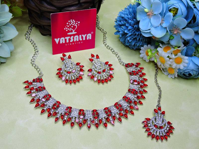 Red rhodium premium designer american diamond and stone work necklace set