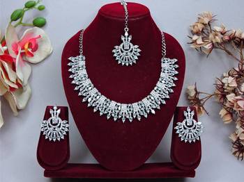 White rhodium premium designer american diamond and stone work necklace set 1