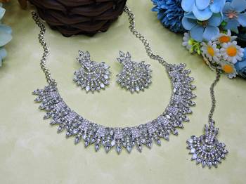 White rhodium premium designer american diamond and stone work necklace set 2