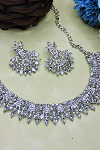 White rhodium premium designer american diamond and stone work necklace set