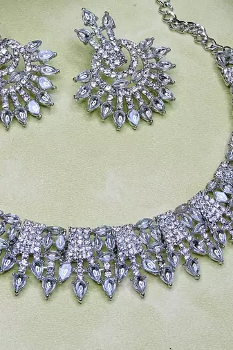 White rhodium premium designer american diamond and stone work necklace set