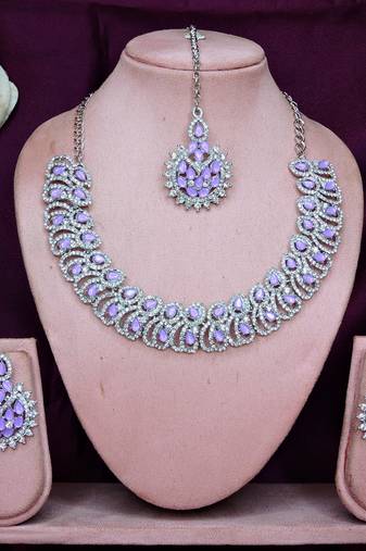 Purple rhodium premium designer american diamond and stone work necklace set