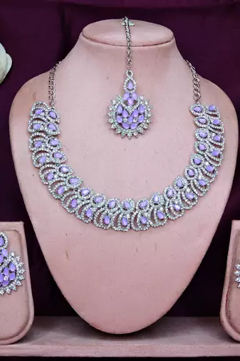 Purple rhodium premium designer american diamond and stone work necklace set