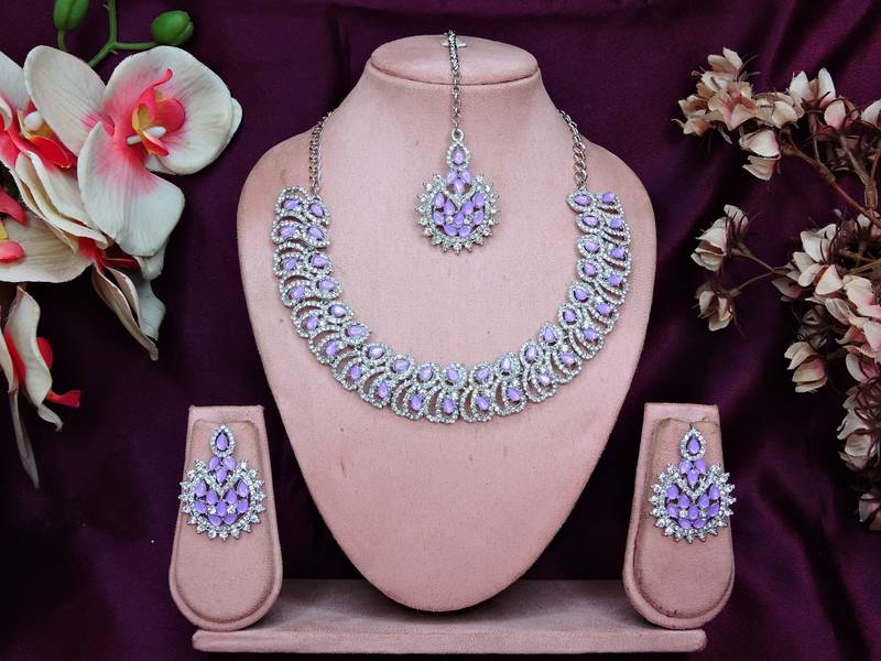 Purple rhodium premium designer american diamond and stone work necklace set