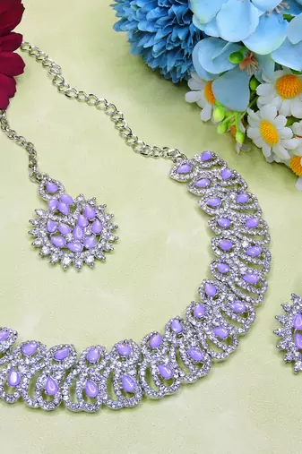 Purple rhodium premium designer american diamond and stone work necklace set