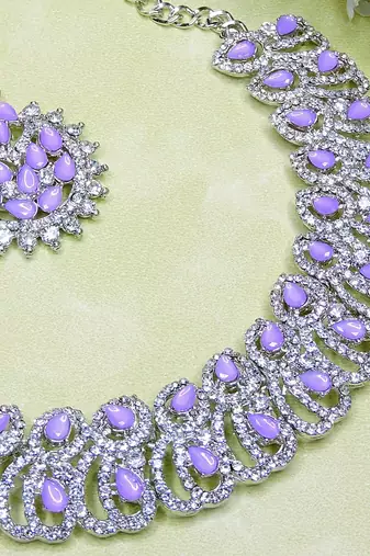 Purple rhodium premium designer american diamond and stone work necklace set