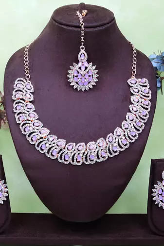 Purple rose gold premium designer american diamond and stone work necklace set