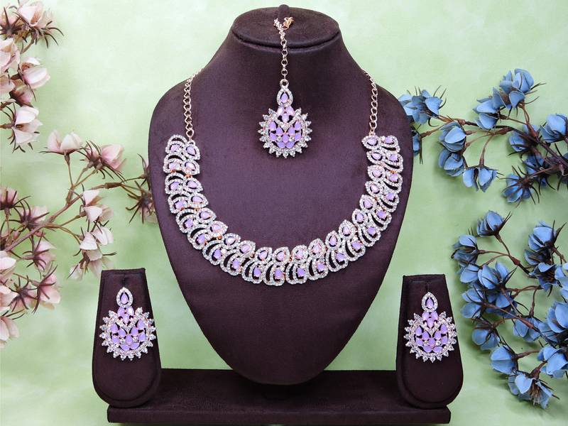 Purple rose gold premium designer american diamond and stone work necklace set