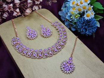 Purple rose gold premium designer american diamond and stone work necklace set 2