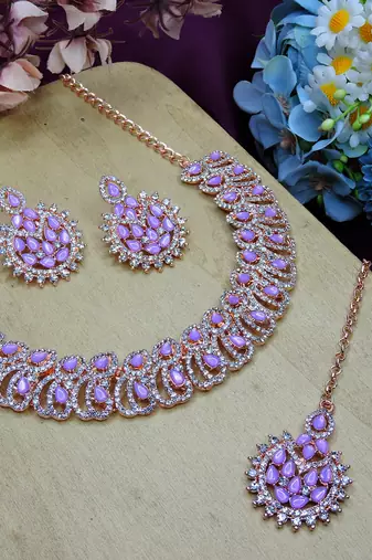 Purple rose gold premium designer american diamond and stone work necklace set
