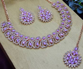 Purple rose gold premium designer american diamond and stone work necklace set 3