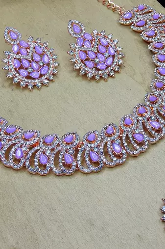 Purple rose gold premium designer american diamond and stone work necklace set