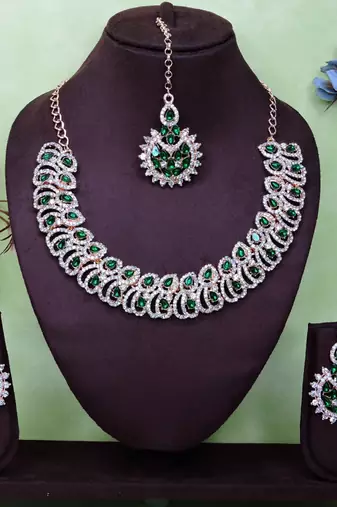Green rose gold premium designer american diamond and stone work necklace set