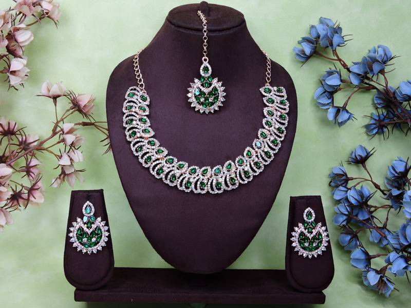 Green rose gold premium designer american diamond and stone work necklace set