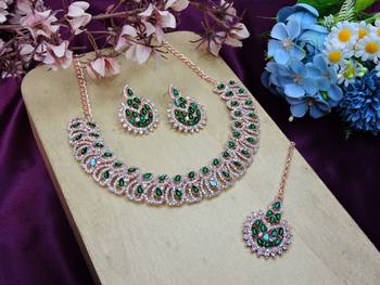 Green rose gold premium designer american diamond and stone work necklace set 2