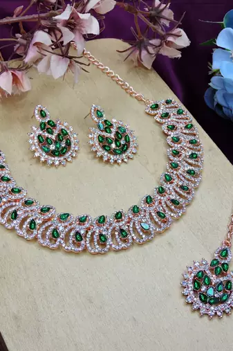 Green rose gold premium designer american diamond and stone work necklace set