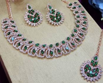 Green rose gold premium designer american diamond and stone work necklace set 3