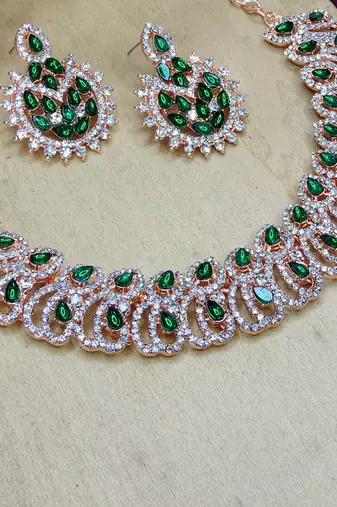Green rose gold premium designer american diamond and stone work necklace set