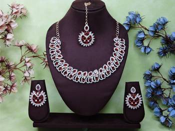Maroon rose gold premium designer american diamond and stone work necklace set 1